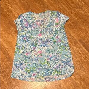 Lilly Pulitzer Tropical Print V-Neck Top - Blue and Pink medium